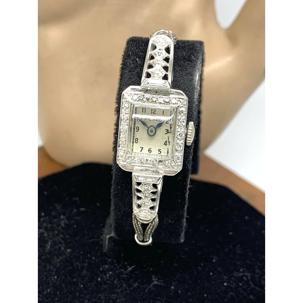 Lucien Picard Womens Watch Platinum Case Diamond Art Deco Swiss Hand Wind Petite